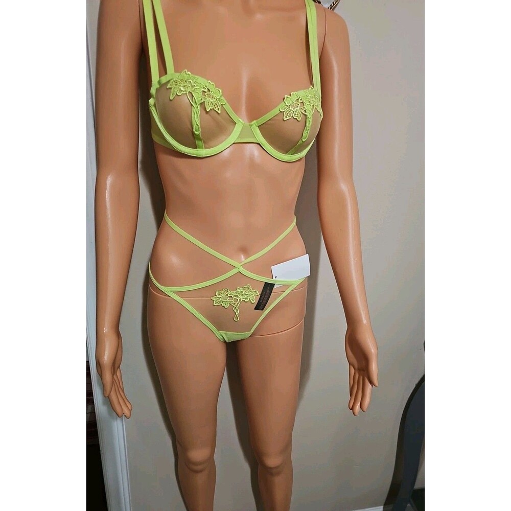 Love Vera Lingerie Set Acid Lime Embroidered Mesh Bra 32A & Strappy Thong S NEW